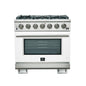 Forno Capriasca 36-Inch Gas Range, Stainless Steel, 6 Brass Burners, 120,000 BTU, Convection Oven, Energy Efficient, White Door
