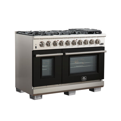 FORNO Capriasca 48-inch Gas Range Stainless Steel, 8 Brass Burners 160,000 BTU, 6.58 cu.ft. Double Oven, Black Doors