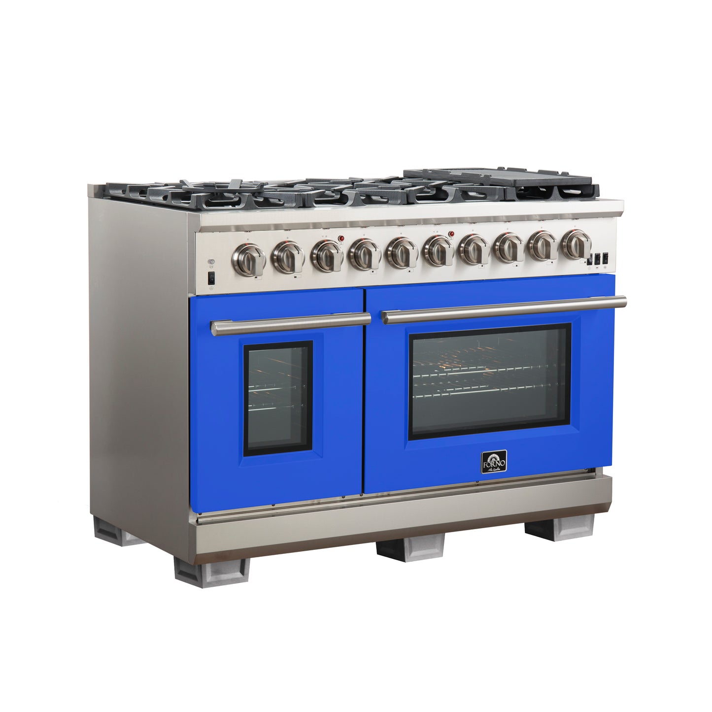 FORNO Capriasca 48-inch Gas Range Stainless Steel, 8 Brass Burners 160,000 BTU, 6.58 cu.ft. Double Oven, Blue Doors