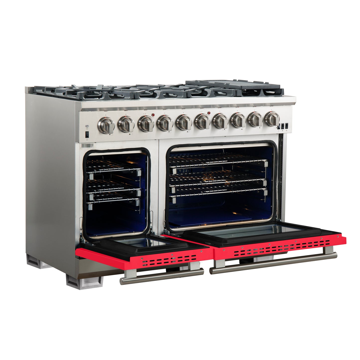 FORNO Capriasca 48-inch Gas Range Stainless Steel, 8 Brass Burners 160,000 BTU, 6.58 cu.ft. Double Oven, Red Doors