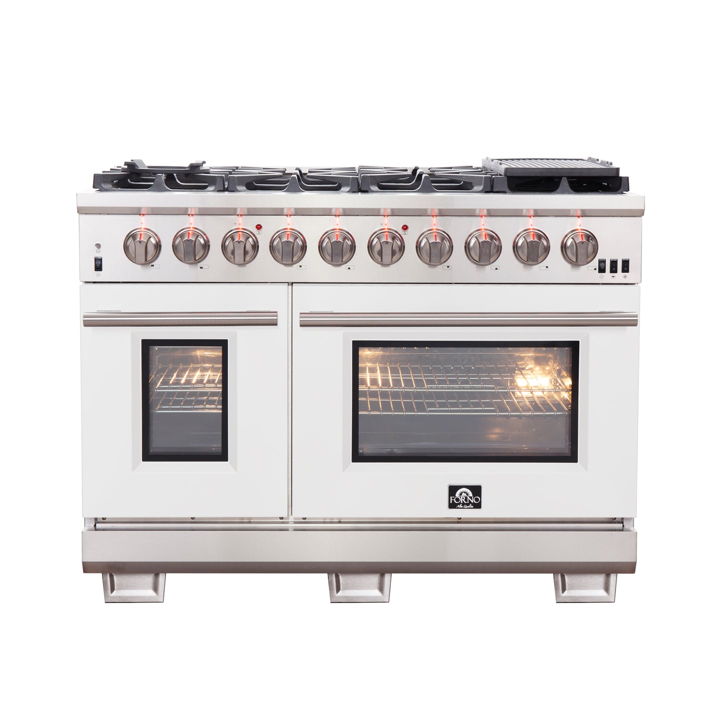 FORNO Capriasca 48-inch Gas Range Stainless Steel, 8 Brass Burners 160,000 BTU, 6.58 cu.ft. Double Oven, White Doors