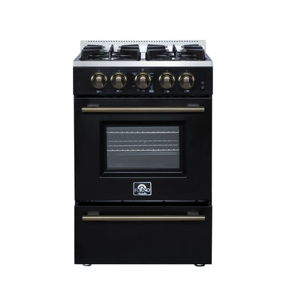Forno Breno 24 Inch Freestanding Gas Range in Black with Antique Brass, Plug Included, Energy Efficient