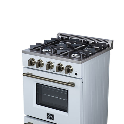 Forno Breno 24 Inch Freestanding Gas Range in White with Antique Brass, Plug Included, Energy Efficient