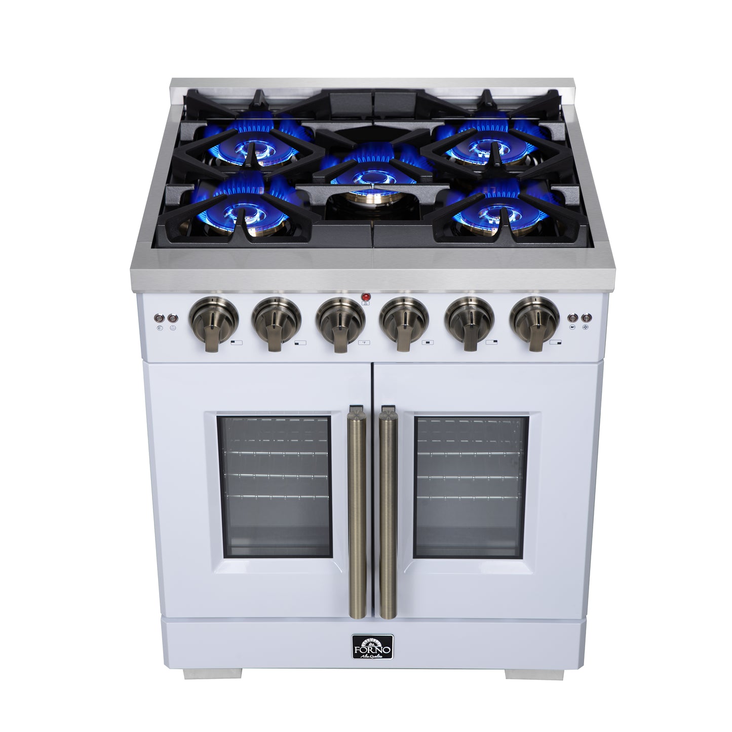 Forno Capriasca 30-Inch White Freestanding French Door Gas Range, 4 Burners, Convection Oven, Energy Efficient