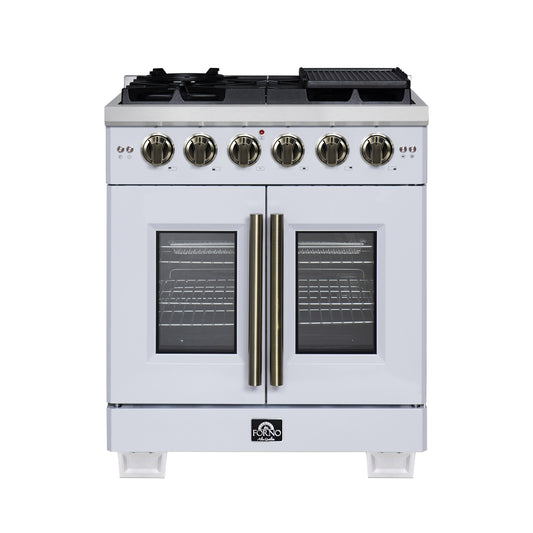 Forno Capriasca 30-Inch White Freestanding French Door Gas Range, 4 Burners, Convection Oven, Energy Efficient