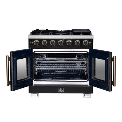Forno Capriasca 36-Inch Black Freestanding French Door Gas Range, 6 Burners, Convection Oven, Energy Efficient