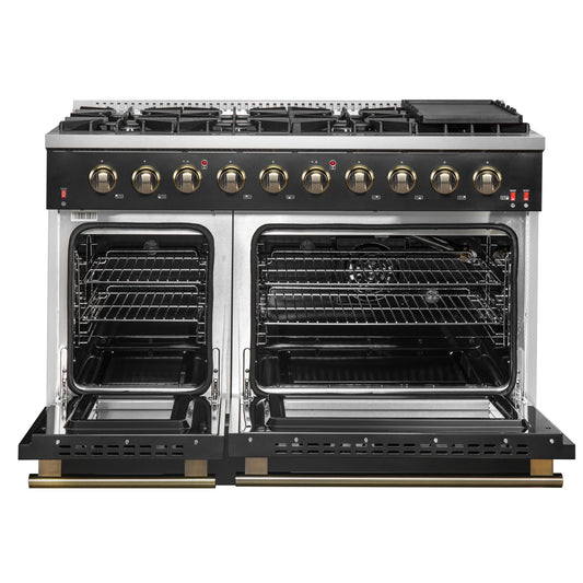 FORNO Galiano 48-inch Gas Range Black & Antique Brass Design, 8 Burners, 107,000 BTU, Griddle, 6.58 cu.ft. Double Ovens