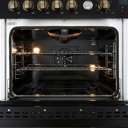 Giovanni 30-inch Gas Range Black & Antique Brass Design, 5 Burners 67,000 BTU, 4.32 cu.ft. Convection Oven