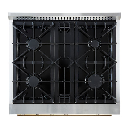 Marco 30-inch Gas Range Black & Antique Brass Design, 4 Burners 37,000 BTU, 4.32 cu.ft. Convection Oven