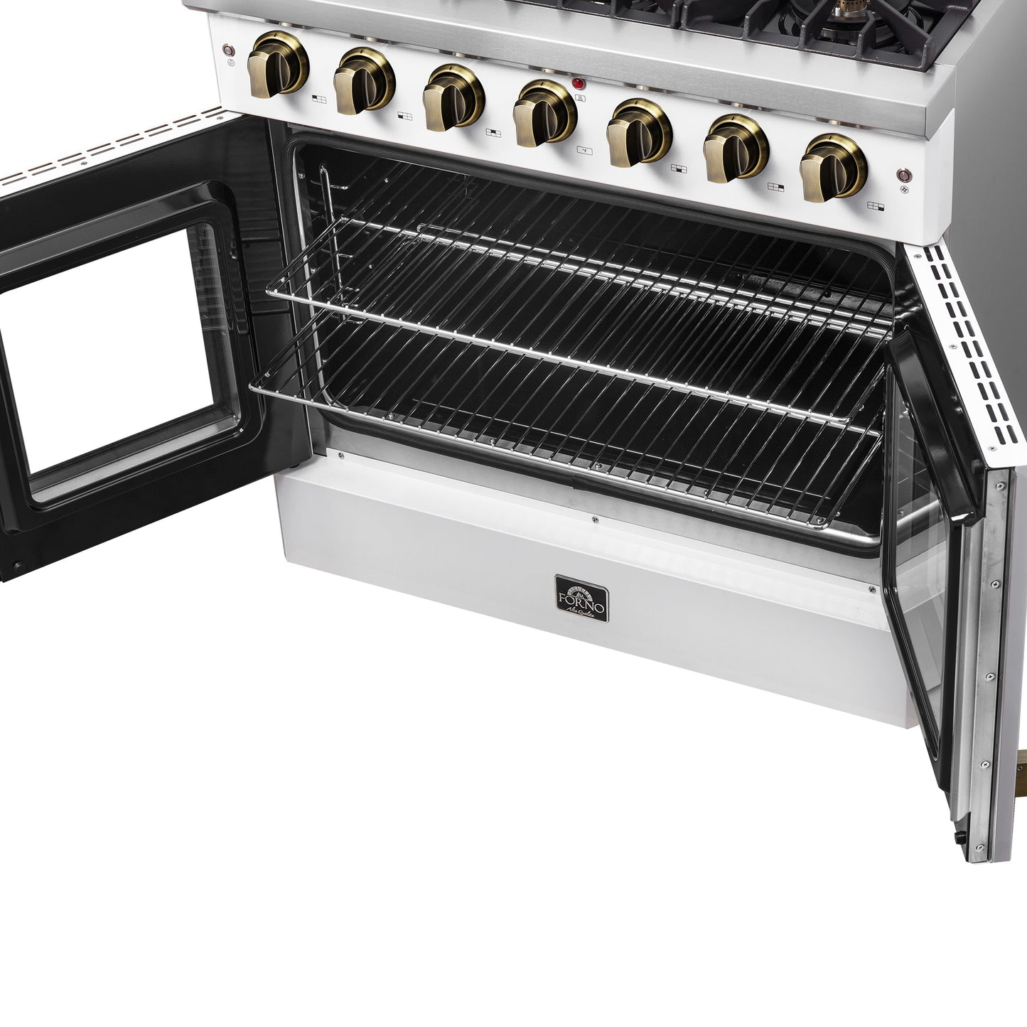 Forno Galiano 36-inch French Door Gas Range White and Antique Brass Design, 6 Sealed Burners 83,000 BTU, 5.36 cu.ft. Convection Oven