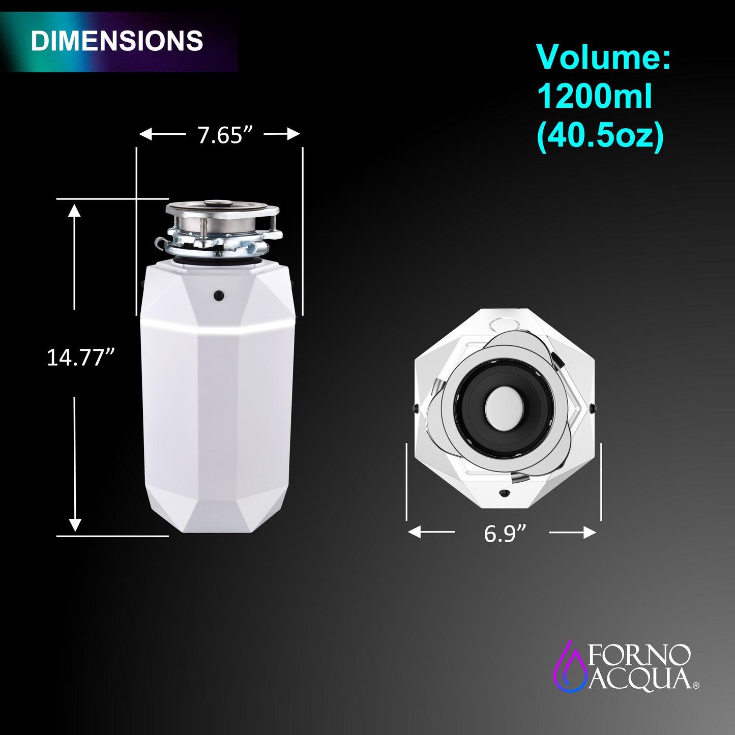 FORNO ACQUA BrightDIAMOND Moonstone 3/4HP Super Quiet Garbage Disposal Corded with Motion Sensor Cabinet Light & Pre-Wired Air Switch