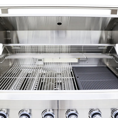 FORNO Bulnes 40-Inch BBQ, 95,000 BTU, 5 Burners, Sear & Rotisserie Infrared with Side Burner, Stainless Steel Outdoor Kitchen with 1.8 cu.ft. Beverage Center & White Sintered Stone Countertops