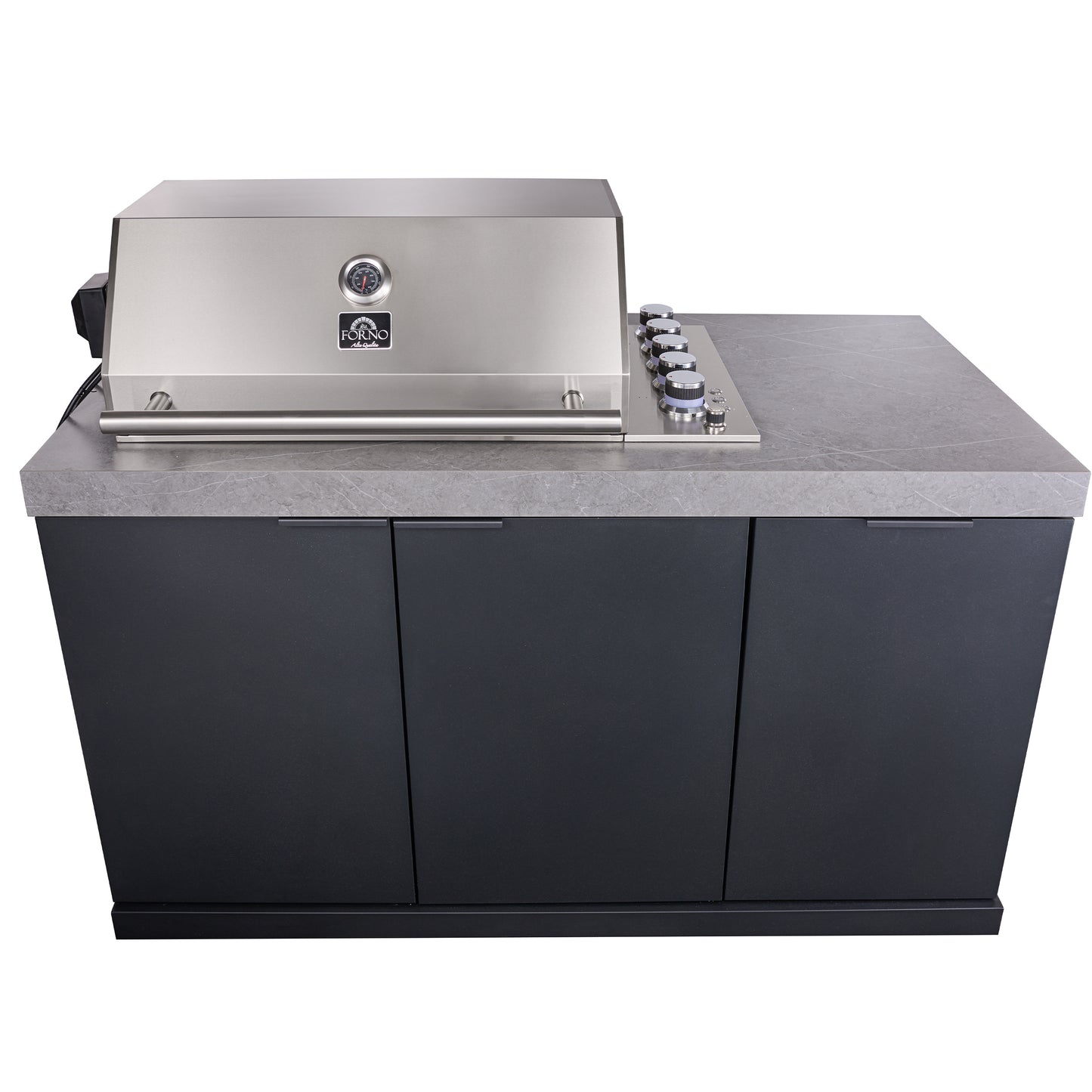 Forno Rimini Outdoor Kitchen 30" BBQ 62,600 BTU, 3 Burners with Sear & Rotisserie, 2.4 cu.ft. Beverage Center, Stainless Steel Sink, Black Cabinets & Gray Sintered Stone Countertop