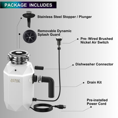 FORNO ACQUA BrightDIAMOND Moonstone 3/4HP Super Quiet Garbage Disposal Corded with Motion Sensor Cabinet Light & Pre-Wired Air Switch