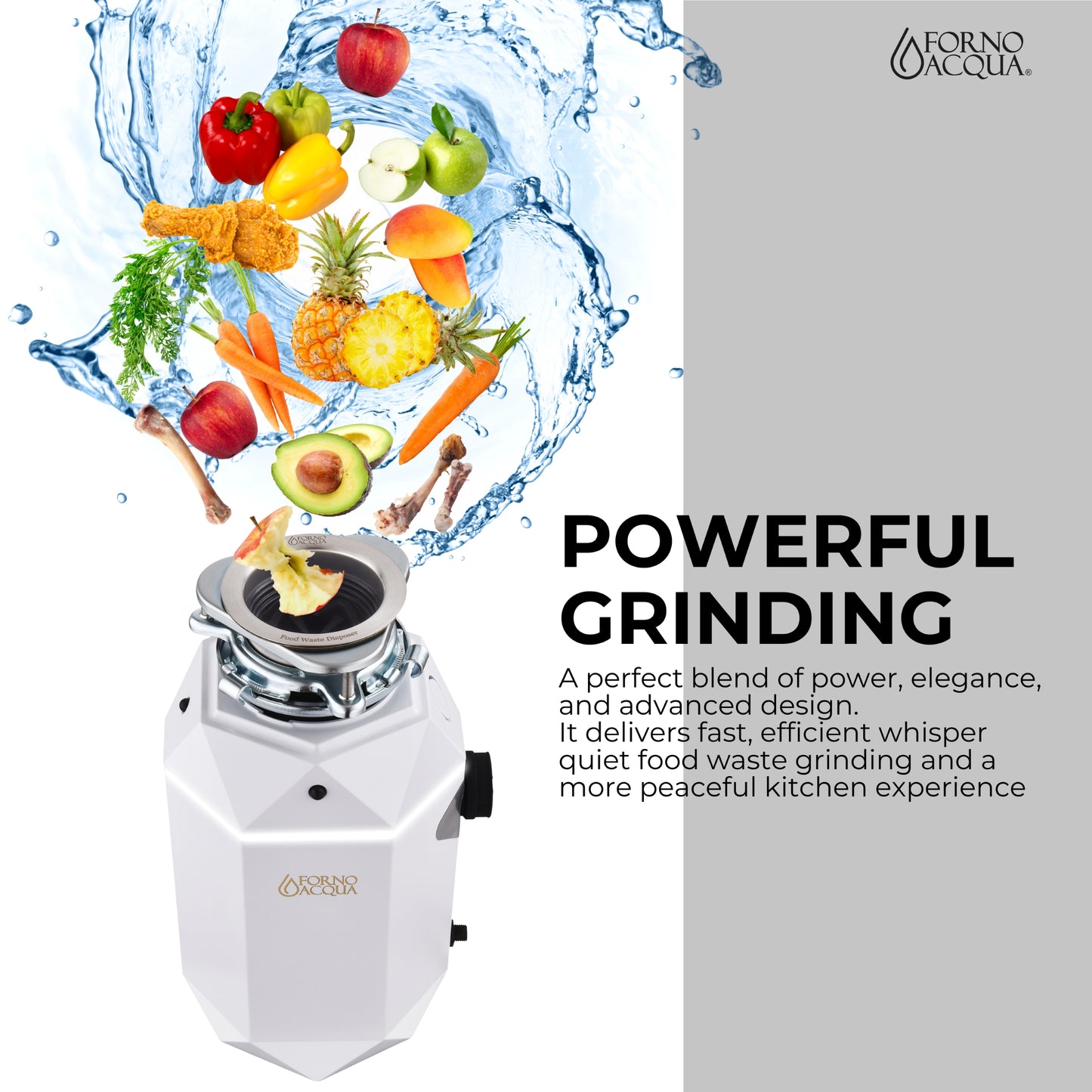 FORNO ACQUA BrightDIAMOND Moonstone 3/4HP Super Quiet Garbage Disposal Corded with Motion Sensor Cabinet Light & Pre-Wired Air Switch