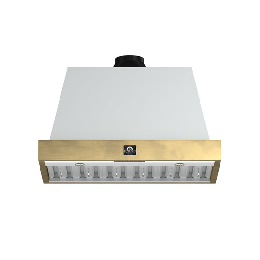 Forno Vittorio 36-Inch Wall Mount Range Hood, White with Antique Brass Trim, 600 CFM Airflow, Dishwasher-Safe Baffle Filters, Remote Control, 3-Speed Fan, Bright LED Lighting.