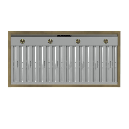 Forno Vittorio 48-Inch Wall Mount Range Hood, Black with Antique Brass Trim, 600 CFM Airflow, Dishwasher-Safe Baffle Filters, Remote Control, 3-Speed Fan, Bright LED Lighting.