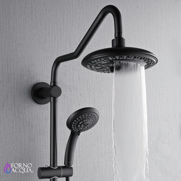 Forno Acqua AcquaSPA Retrofit Shower, Overhead Rainfall, 8 Inch Shower Head, Handheld Shower Head, Body Jets, 6 Way Diverter, Matte Black Finish, 2.5 GPM Flow Rate