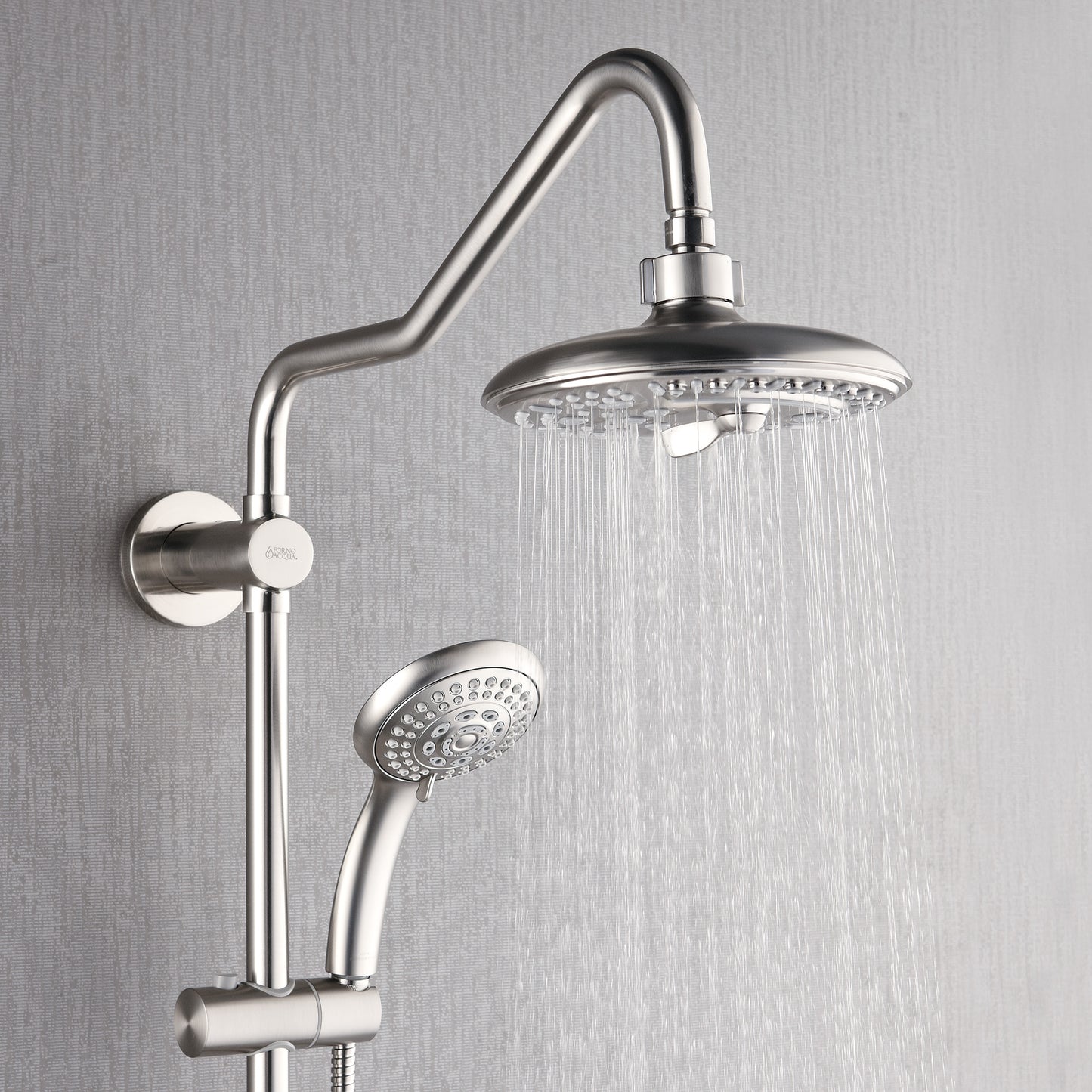 Forno Acqua AcquaSPA Retrofit Shower, Overhead Rainfall, 8 Inch Shower Head, Handheld Shower Head, Body Jets, 6 Way Diverter, Brushed Nickel Finish, 2.5 GPM Flow Rate