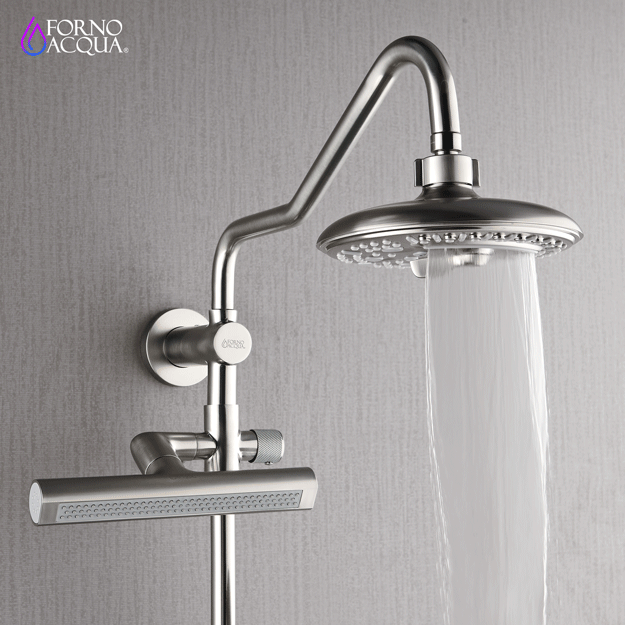 Forno Acqua AcquaFALL Shower, Brushed Nickel Finish, Overhead Rainfall Shower, 7 Way Diverter, Handheld Shower Head, Body Jets, 2.5 GPM Flow Rate