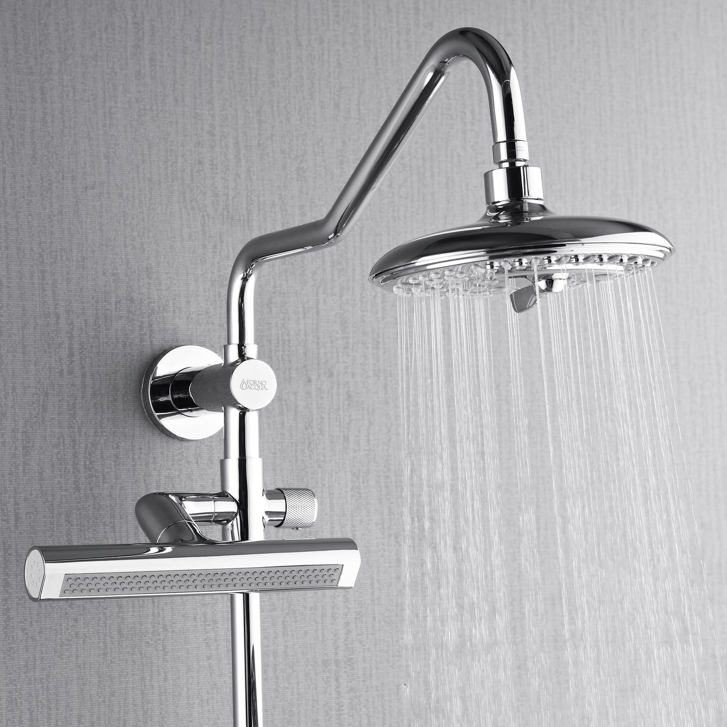Forno Acqua AcquaFALL Shower, Polished Stainless Steel Finish, Overhead Rainfall Shower, 7 Way Diverter, Handheld Shower Head, Body Jets, 2.5 GPM Flow Rate