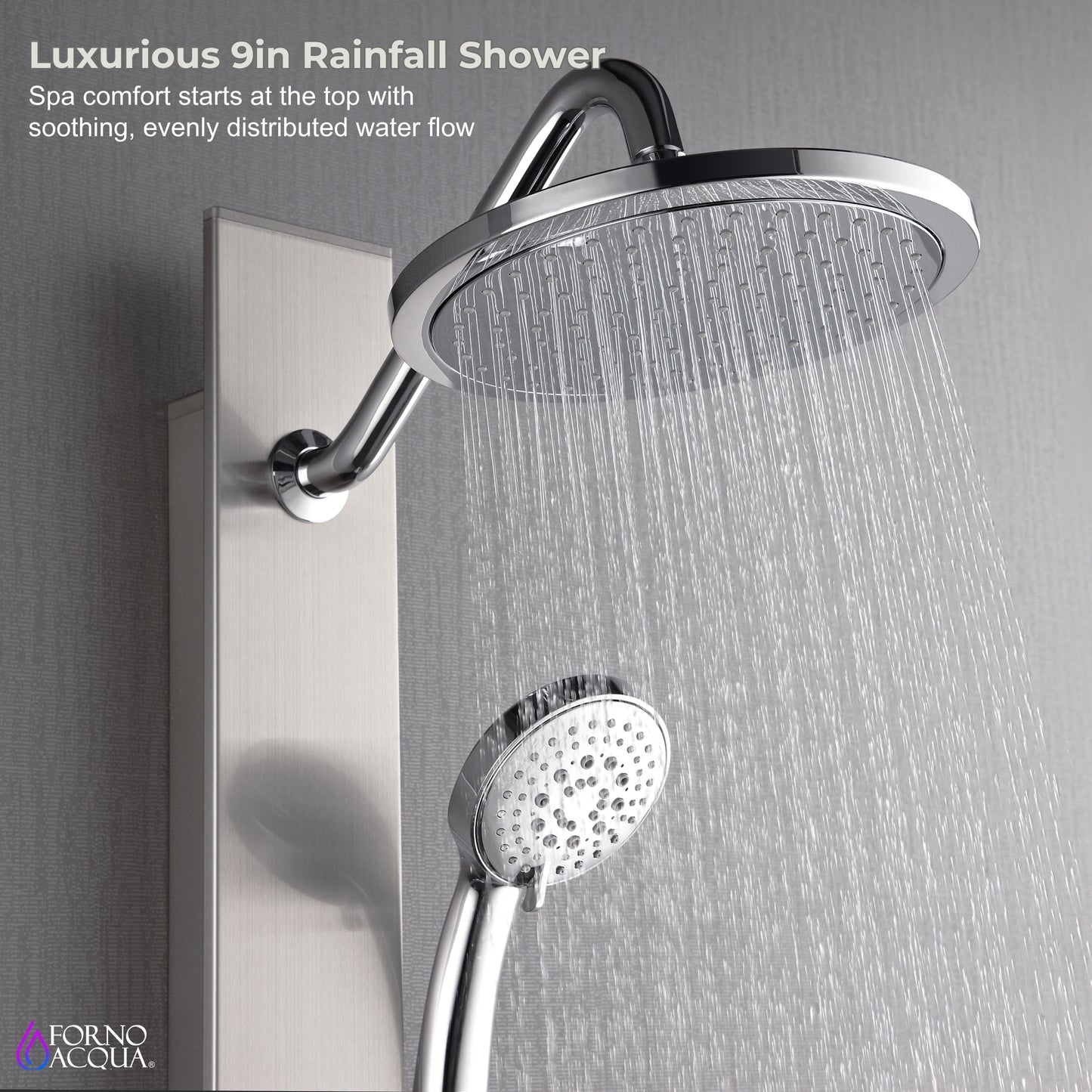 Forno Acqua AcquaSPA Shower Panel with SensoTemp, Stainless Steel, Overhead Rainfall Shower, Handheld Shower Head, Body Jets, 1.8 GPM Flow Rate