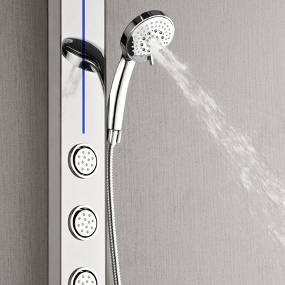 Forno Acqua AcquaSPA Shower Panel with SensoTEMP, Mirrored Stainless Steel Finish, Overhead Rainfall Shower, Handheld Shower Head, Body Jets, 2.5 GPM Flow Rate