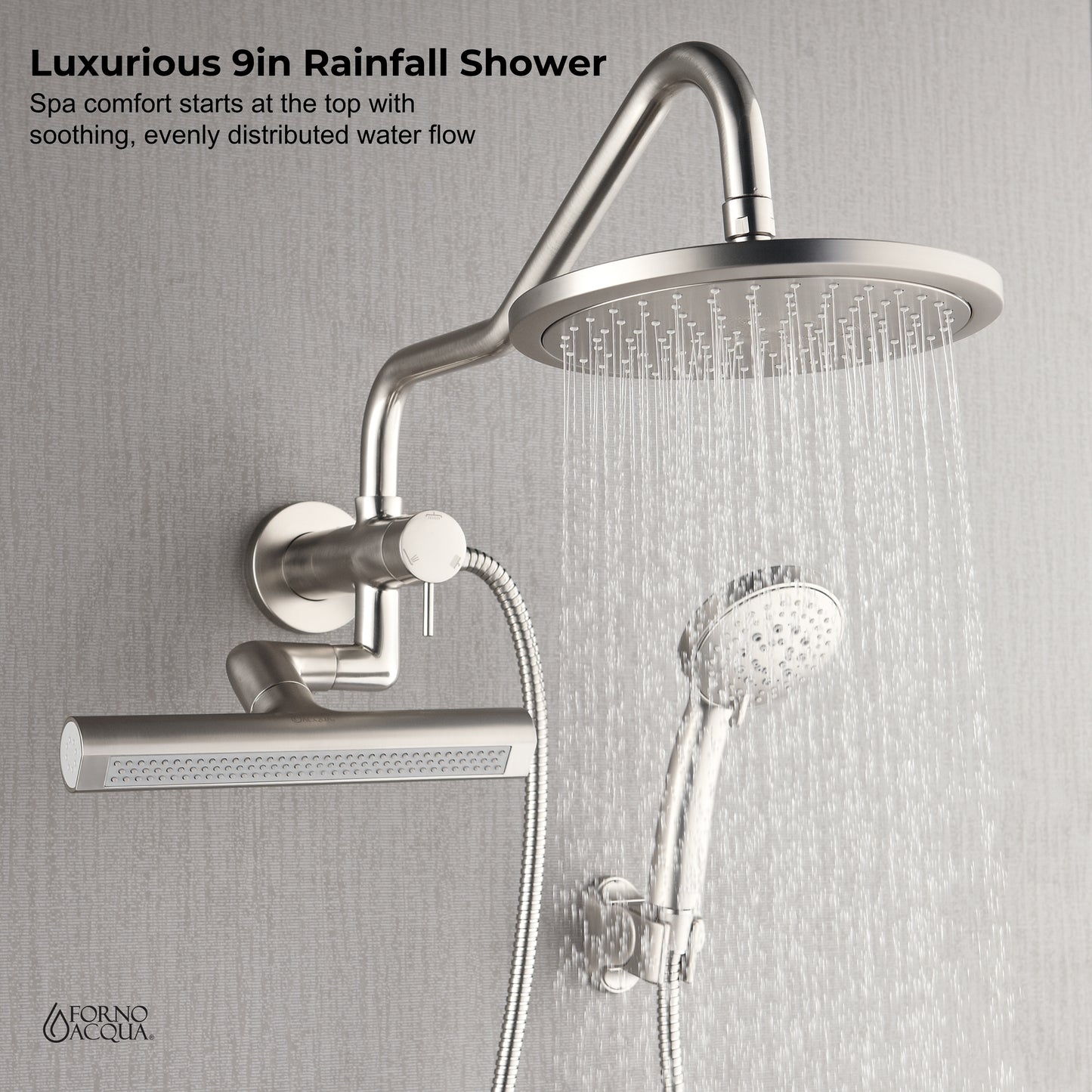 Forno Acqua AcquaFALL Mini Shower Head, Brushed Nickel Finish, Overhead Rainfall Shower, 7 Way Diverter, Handheld Shower Head, Body Jets, 1.8 GPM Flow Rate