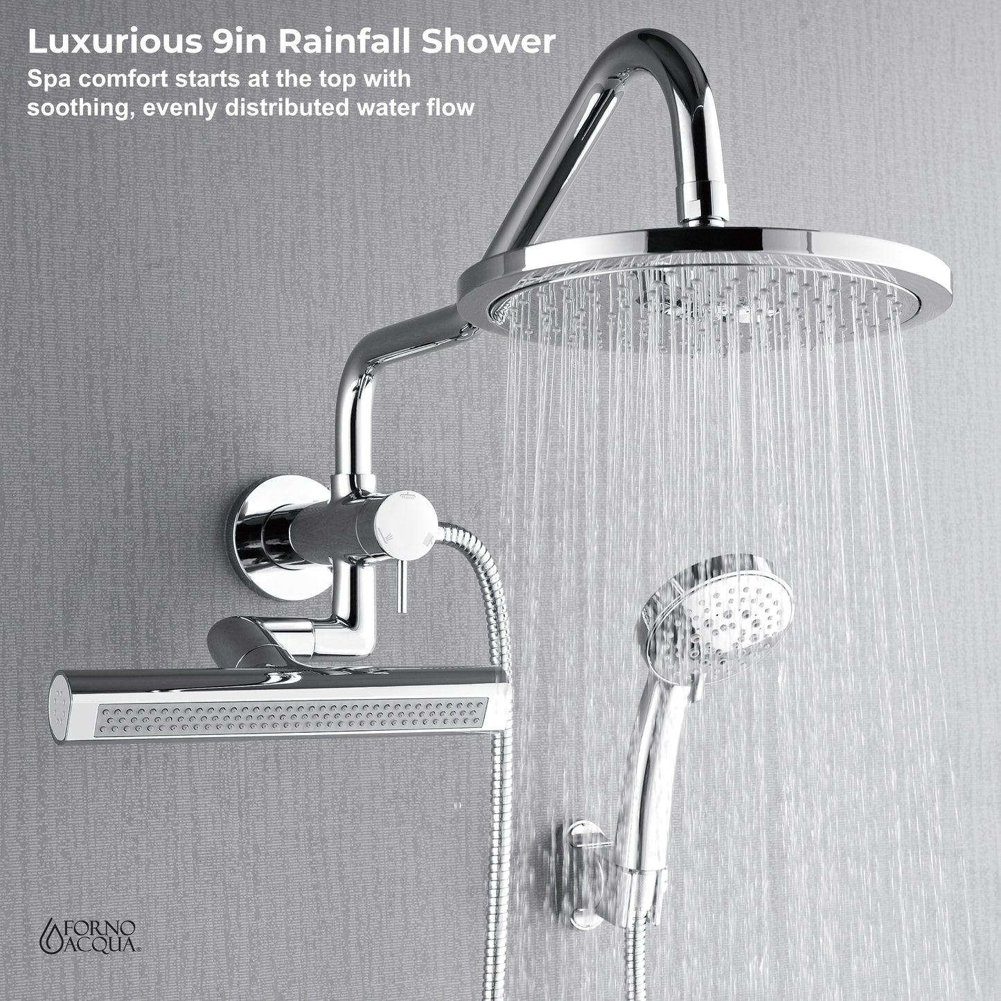 Forno Acqua AcquaFALL Mini Shower Head, Polished Stainless Steel Finish, Overhead Rainfall Shower, 7 Way Diverter, Handheld Shower Head, Body Jets, 2.5 GPM Flow Rate
