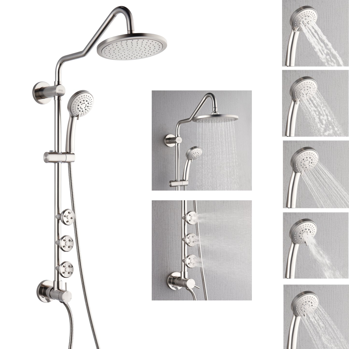 Forno Acqua AcquaSPA Retrofit Shower, Overhead Rainfall Shower, Handheld Shower Head, Body Jets, 6 Way Diverter, Brushed Nickel Finish, 1.8 GPM Flow Rate