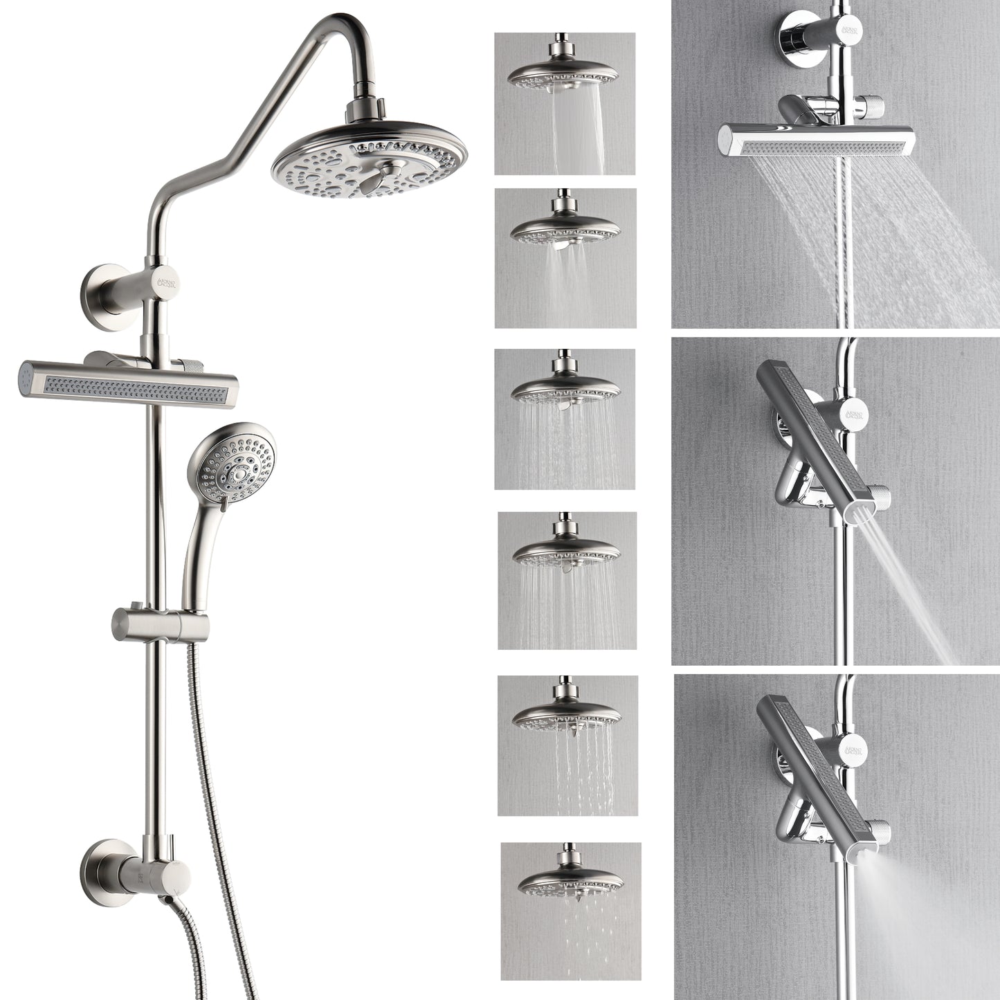 Forno Acqua AcquaFALL Shower, Brushed Nickel Finish, Overhead Rainfall Shower, 7 Way Diverter, Handheld Shower Head, Body Jets, 2.5 GPM Flow Rate