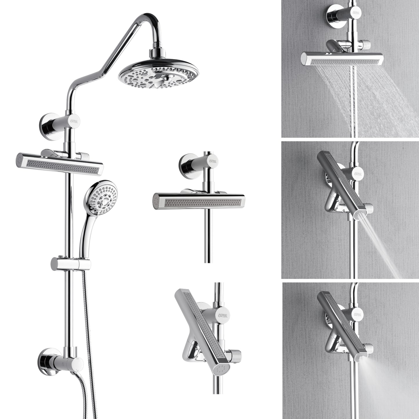 Forno Acqua AcquaFALL Shower, Polished Stainless Steel Finish, Overhead Rainfall Shower, 7 Way Diverter, Handheld Shower Head, Body Jets, 2.5 GPM Flow Rate