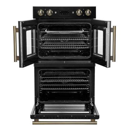 Forno Asti 30-Inch Double Electric Wall Oven with Upper French Doors in Black & Antique Brass, 7.36 cu. ft. Dual True Convection, 7,200W, Air Fry, Sous Vide, Self-Clean
