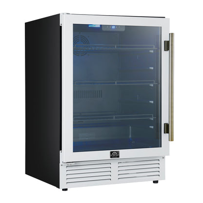 Forno Frescolino 24 Inch Beverage Cooler, White with Antique Brass Handles, with LED Lighting, Triple Glass Door, 188 Can Capacity, Built-In or Freestanding